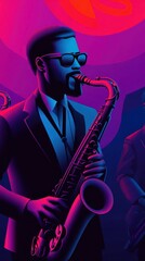 Fototapeta premium Jazz band on stage, vibrant performance with saxophone, vector art