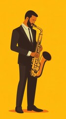 Naklejka premium Jazz band with saxophone solo, live performance on stage, vector art