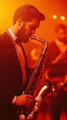 Fototapeta premium Jazz band with saxophone solo, live performance on stage, vector art