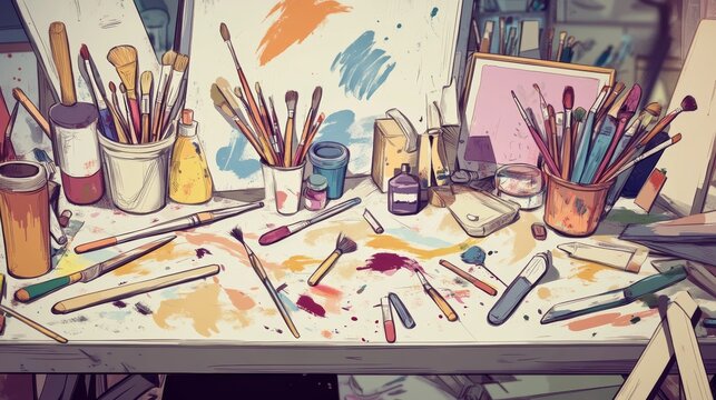 Mesa de trabajo repleta de pinceles, pinturas y papeles manchados, representando el caos y la creatividad en el taller de un artista.