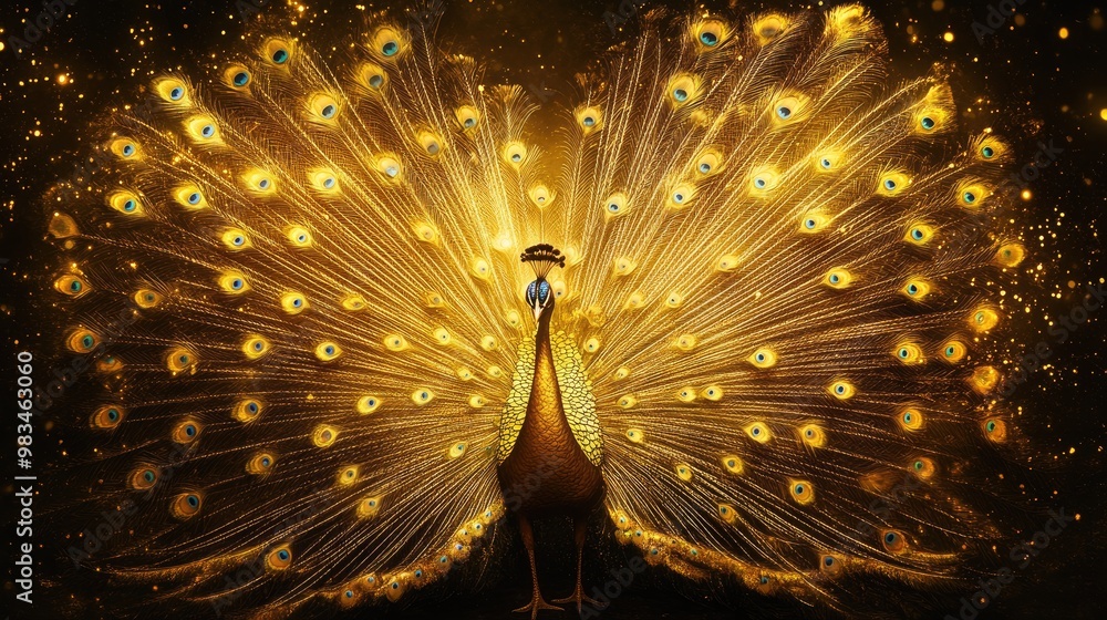 Poster beautiful golden peacock with its feathers shining in the dark, creating an elegant and luxurious di