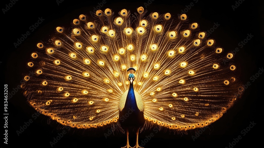 Poster beautiful golden peacock with its feathers shining in the dark, creating an elegant and luxurious di