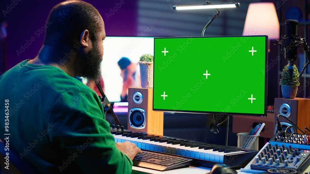 Poster producer composing music with electronic keyboard notes and green screen display on pc, post product