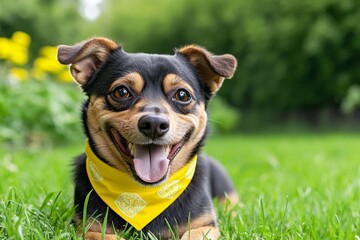 A happy dog wearing a yellow bandana, playing in the grass, symbolizing playful cheer and energy
