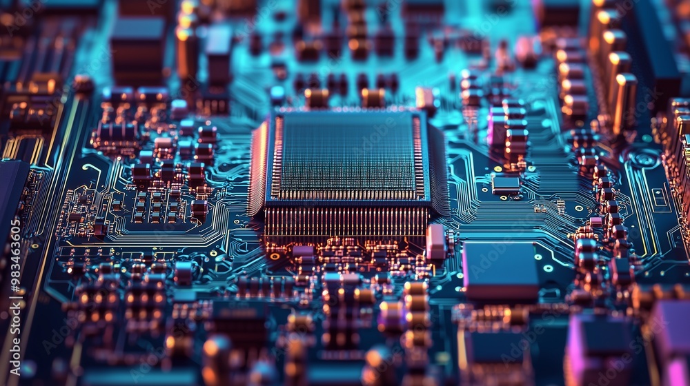Poster close-up of a microchip on a circuit board, illustrating the intricate design and advanced technolog
