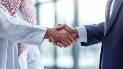 Arab and western businessmen shaking hands, symbolizing cross-cultural business agreement and arab investment.