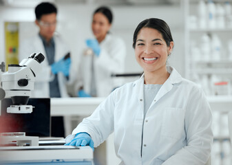 Fototapeta premium Portrait, proud or happy woman in laboratory for science breakthrough, clinical trial or discovery. Confident, medical results or scientist with smile for vaccine research, mpox cure or development