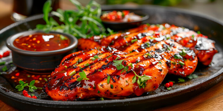 Delicioso plato de pechuga de pollo asada a la bbq con condimentos