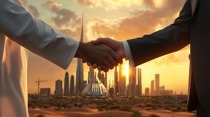 Two people shaking hands with a city skyline in the background, symbolizing cross-cultural global partnership.