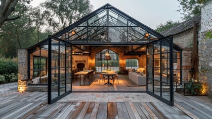 Fototapeta premium Luxurious Glass Enclosed Outdoor Living Space with Cozy Ambiance and Sophisticated Design