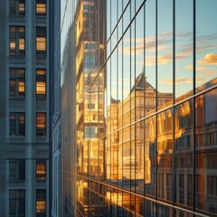 Urban Reflection Sunset Glare on Modern Glass Buildings
