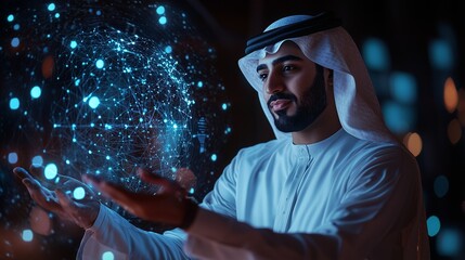 Arab investor embracing digital innovation with holographic data sphere.
