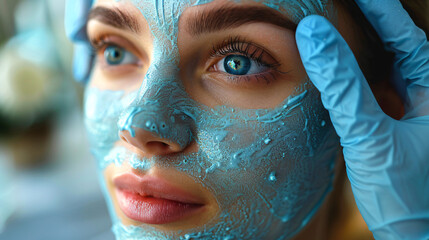Skin care mask, clay mask, hydrated skin, beauty face mask, glowing, applying facial mask, rejuvenating procedure, facial therapy, skincare routine, healthy skin care, ample copy space.