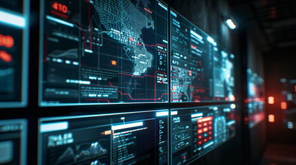 A futuristic digital interface showing real-time crime prediction data, with a sharp focus on high-risk areas and crime trends, set against a dark background that emphasizes the advanced technology.