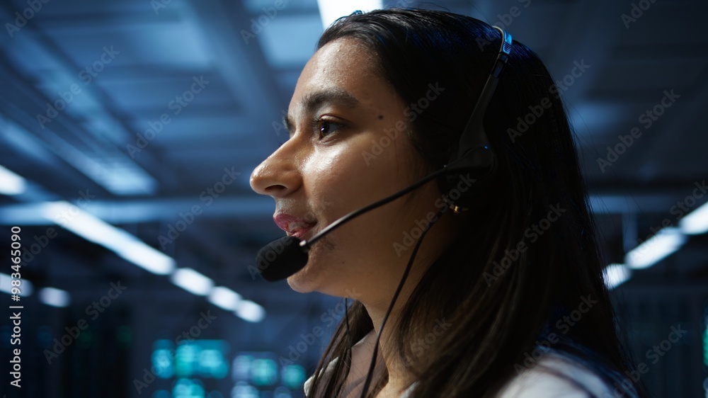 Poster it expert in data center provides technical support to customers, troubleshooting issues, close up. 