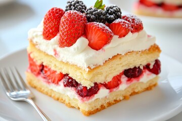 A slice of strawberry shortcake, topped with fresh cream and berries, looking irresistibly sweet