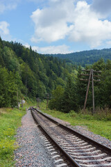 Fototapeta premium Railway tracks in mountains with green coniferous forest landscape. Nature of Carpathians, Ukraine.