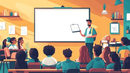 A diverse group of students sit and listen to their teacher giving a presentation in a classroom.