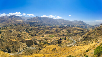 Panorama of Colca Canyon terraces dating to pre-Inca and pre-Columbian times from the Mirador...