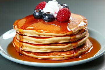 A stack of fluffy pancakes, topped with syrup, berries, and a dollop of whipped cream, looking deliciously sweet