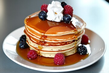 A stack of fluffy pancakes, topped with syrup, berries, and a dollop of whipped cream, looking deliciously sweet
