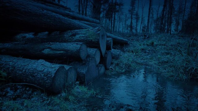 Timber Log Pile In Dank Forest
