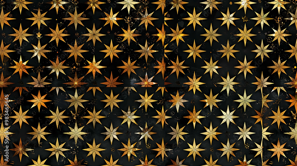 Wall mural Seamless pattern of golden stars on a black background, with a distressed effect.