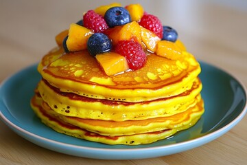 A stack of yellow pancakes topped with fruit, radiating happiness and energy for a cheerful breakfast