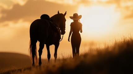 Naklejka premium Silhouette of a cowgirl with a horse at sunset backlit