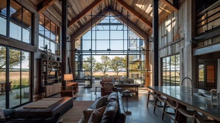 Fototapeta premium Luxurious Modern Rustic Living Room with Panoramic Nature View and Cozy Wooden Accents