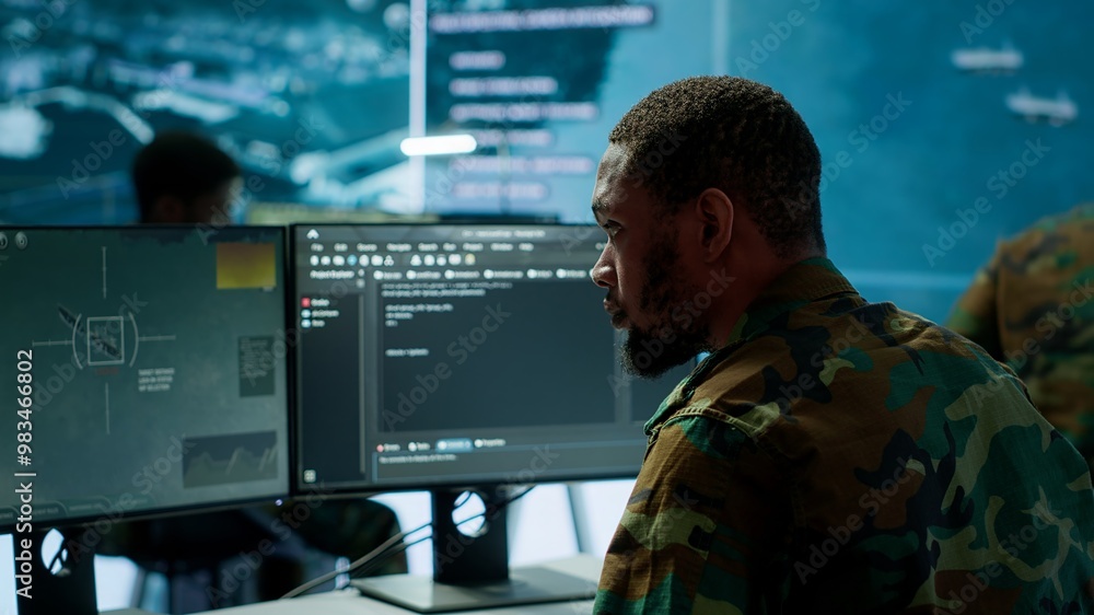 Poster soldier working with ai intelligence on pc in control room, processing live data on cctv systems. su