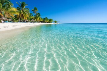 Fototapeta premium A tropical beach with crystal clear water, palm trees, and white sand, symbolizing the perfect summer getaway