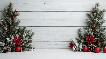 Festive Christmas Background with Pine Poinsettia Ornaments and Snow on White Wooden Plank Wall