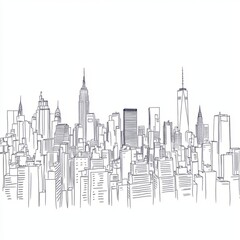 Hand-drawn City Skyline Illustration in Black and White