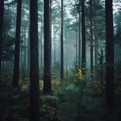 Misty Forest Landscape with Tall Trees and Soft Light