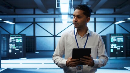 Security analyst in data center monitoring security threats, implementing cybersecurity measures....