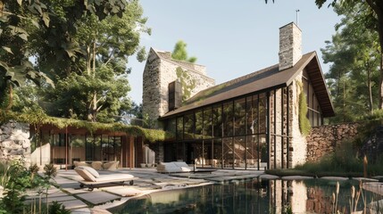 Luxurious Modernist Residential Estate with Glass and Stone Architecture Nestled in Lush Natural Landscape