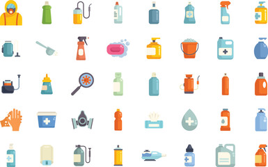 Scientist is wearing a hazmat suit and holding a spray bottle, surrounded by icons of disinfectants, sanitizers, antiseptics, and cleaning supplies