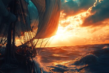 Sailing ship at sunset with dramatic sky and waves.  Ocean, adventure, exploration, freedom, journey