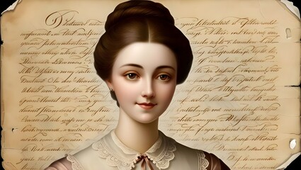 A intricately detailed, warm-toned vintage portrait of a serene young woman with a soft, heart-shaped face, porcelain skin, and expressive brown eyes