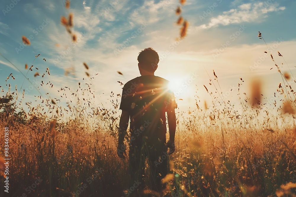 Sticker Silhouette of a man standing in a field of grass at sunset, with the sun shining in the background