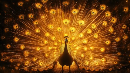 Obraz premium Stunning golden peacock in full feather display, glowing elegantly against a rich dark background, creating a regal and luxurious scene