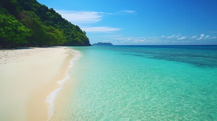 Obraz premium A picturesque tropical beach with white sand and clear blue water.