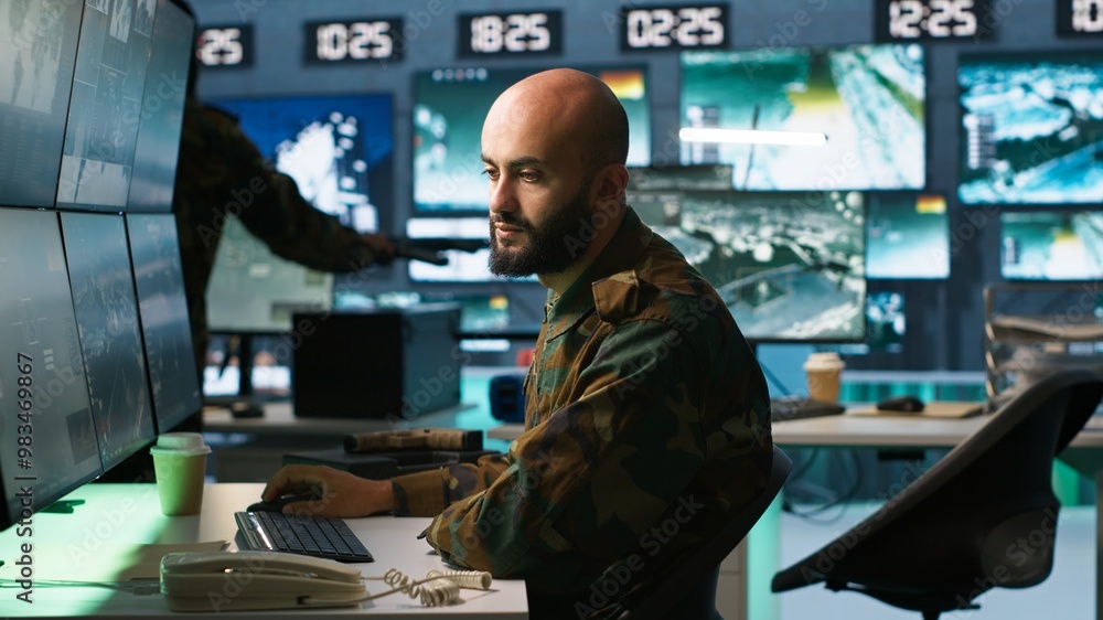 Poster man looking at screens in military hq base housing operational missile defense system designed to in