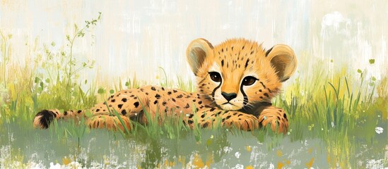 Adorable baby cheetah resting on lush green grass