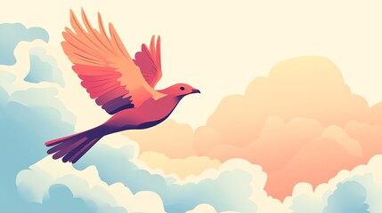 A red bird flies through the sky.  The clouds are white, blue and yellow.