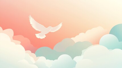 Fototapeta premium White dove flying in a blue sky with fluffy clouds.