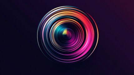 Abstract, colorful, concentric circles, reminiscent of a camera lens, on a dark background.