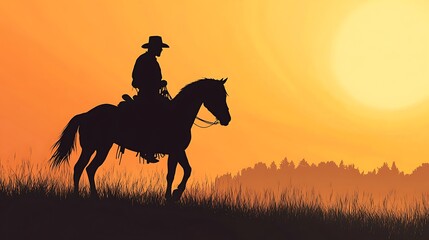 Silhouette of a cowboy on horseback against a sunset backdrop.