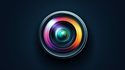 A colorful camera lens isolated on a dark background.
